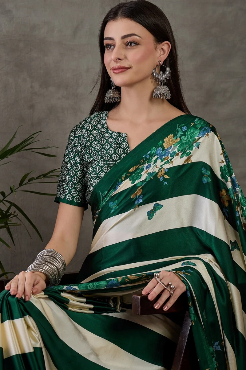 Jubilant Dark Green Ajrakh Printed Semi Modal Silk Saree With Efflorescence Blouse Piece - Image 2