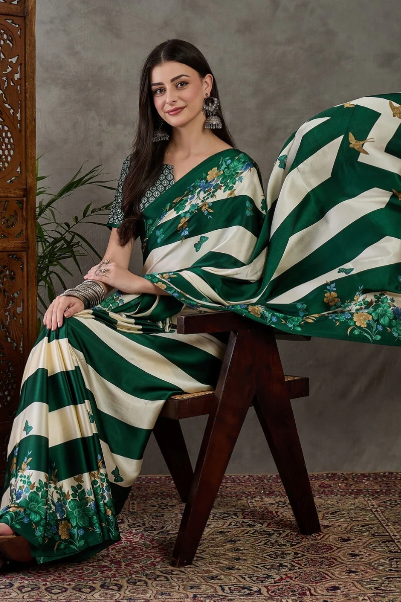 Jubilant Dark Green Ajrakh Printed Semi Modal Silk Saree With Efflorescence Blouse Piece - Image 5