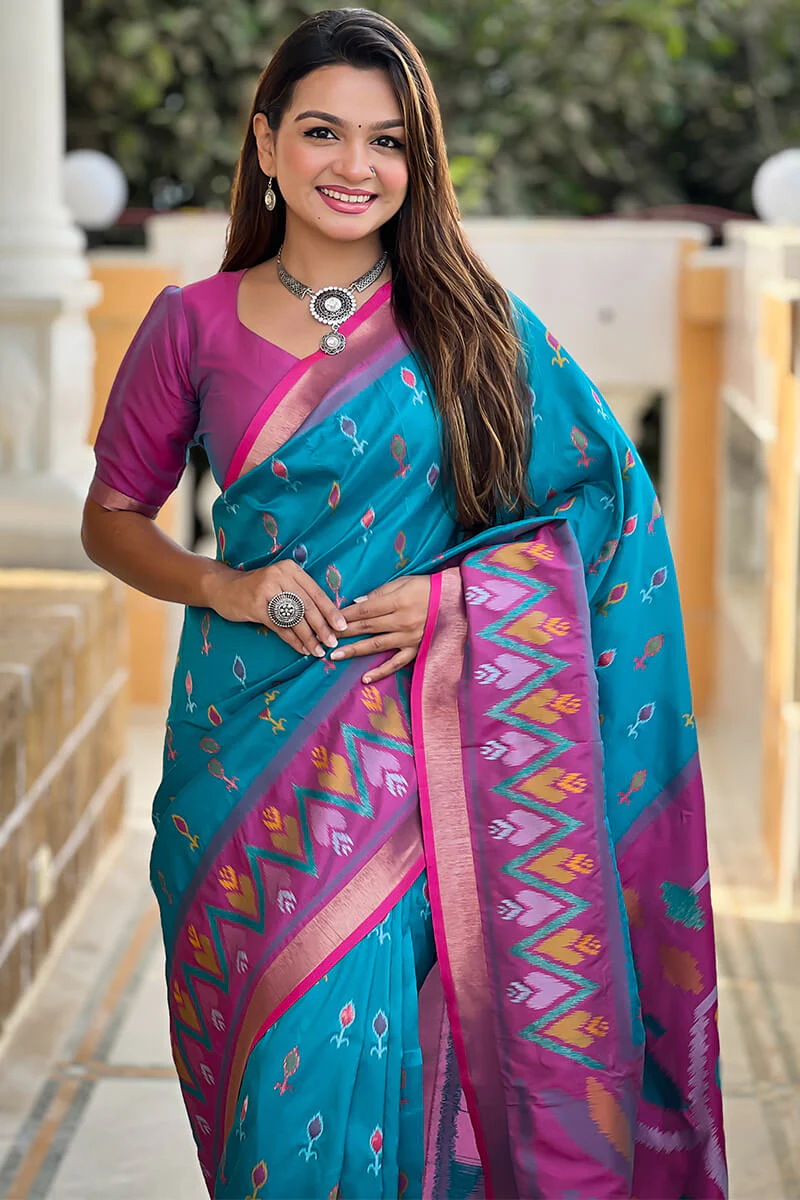Jubilant Firozi Soft Banarasi Silk Saree With Verdant Blouse Piece - Image 2