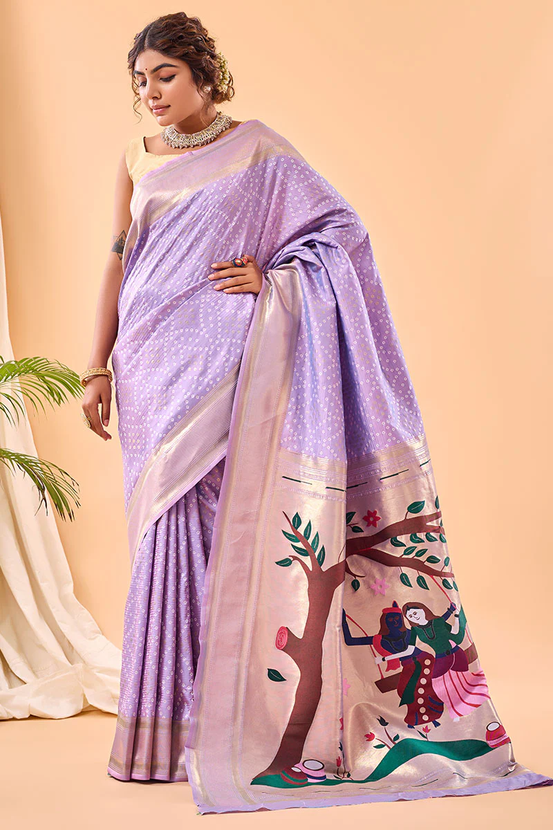 Jubilant Lavender Paithani Silk Saree With Gorgeous Blouse Piece - Image 3