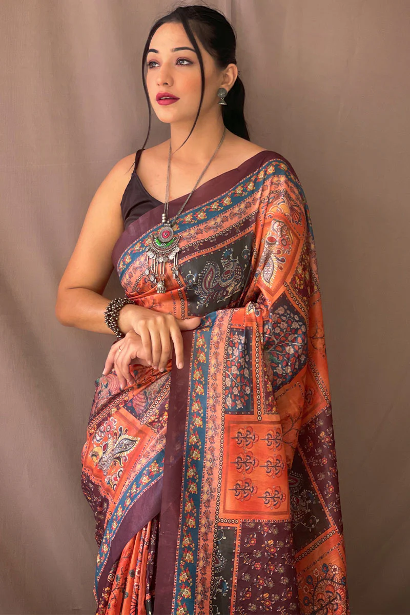 Jubilant Orange Kalamkari Printed Saree With Proficient Blouse Piece - Image 2
