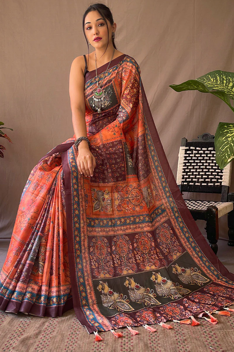 Jubilant Orange Kalamkari Printed Saree With Proficient Blouse Piece - Image 3