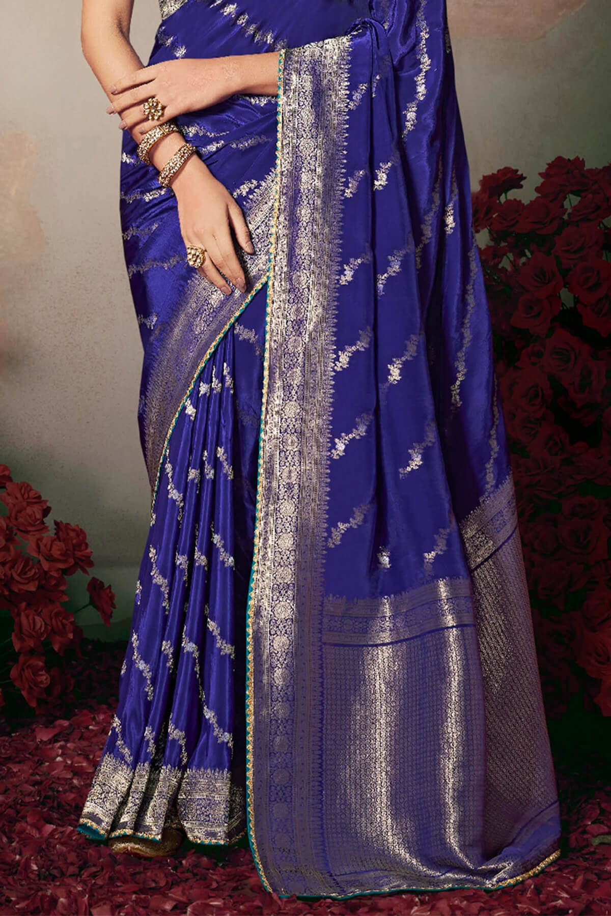 Jubilant Royal Blue Banarasi Silk Saree With Embroidery Blouse Piece - Image 4