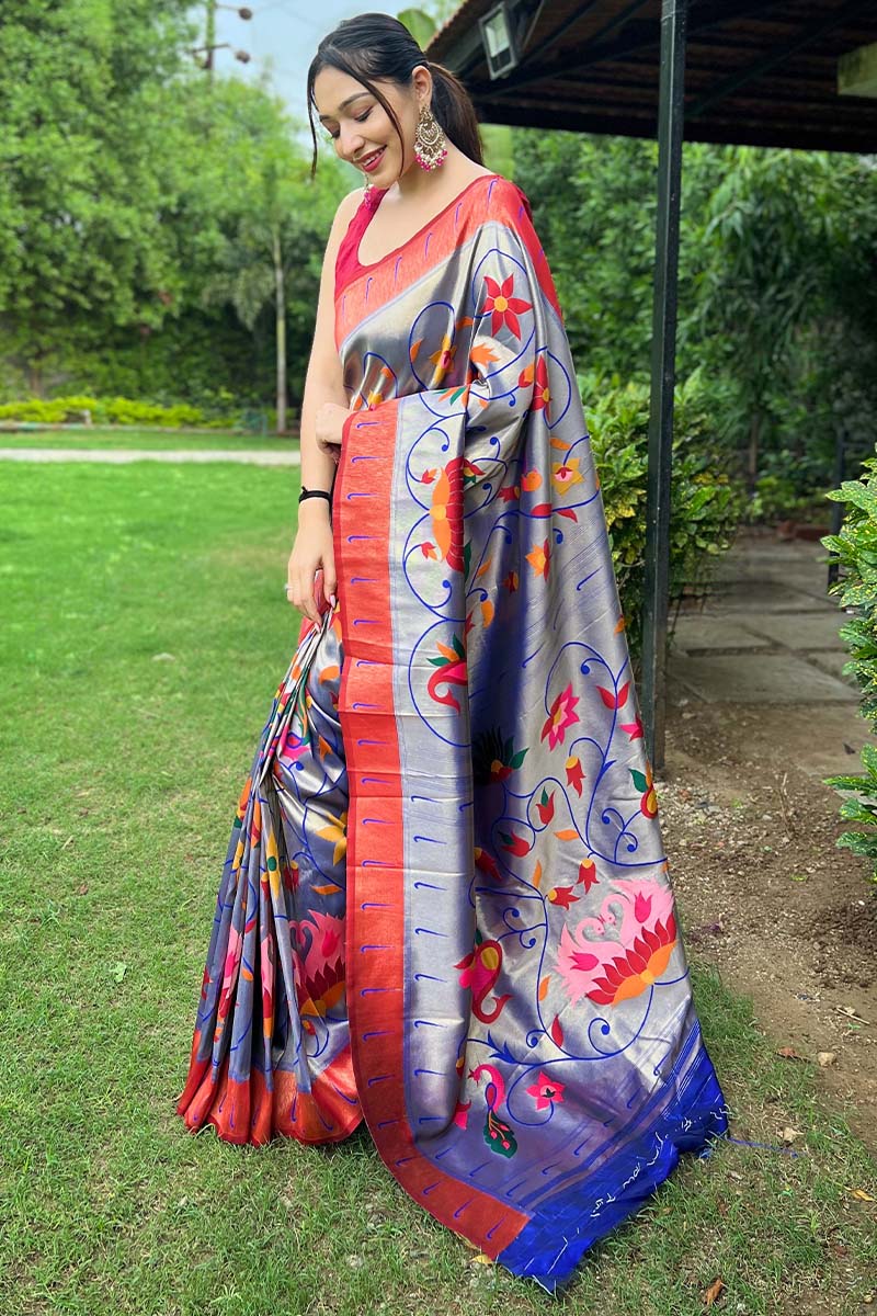 Jubilant Royal Blue Paithani Silk Saree With Glowing Blouse Piece - Image 3
