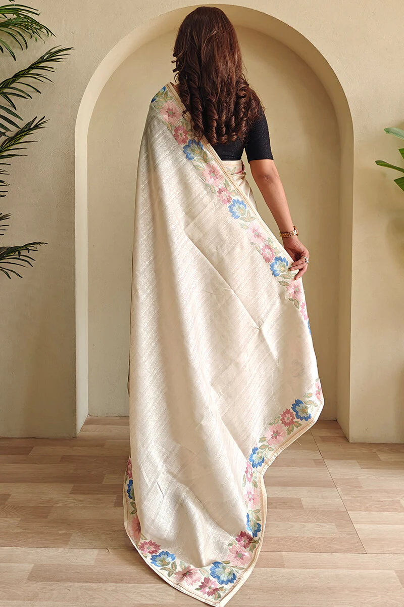 Lagniappe Beige Embroidery Work Tussar Silk Saree With Petrichor Blouse Piece - Image 4