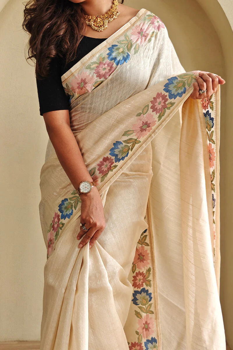 Lagniappe Beige Embroidery Work Tussar Silk Saree With Petrichor Blouse Piece - Image 5