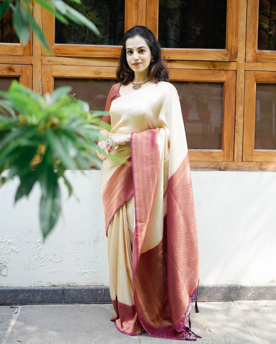 Lagniappe Beige Soft Silk Saree With Lassitude Blouse Piece - Image 3