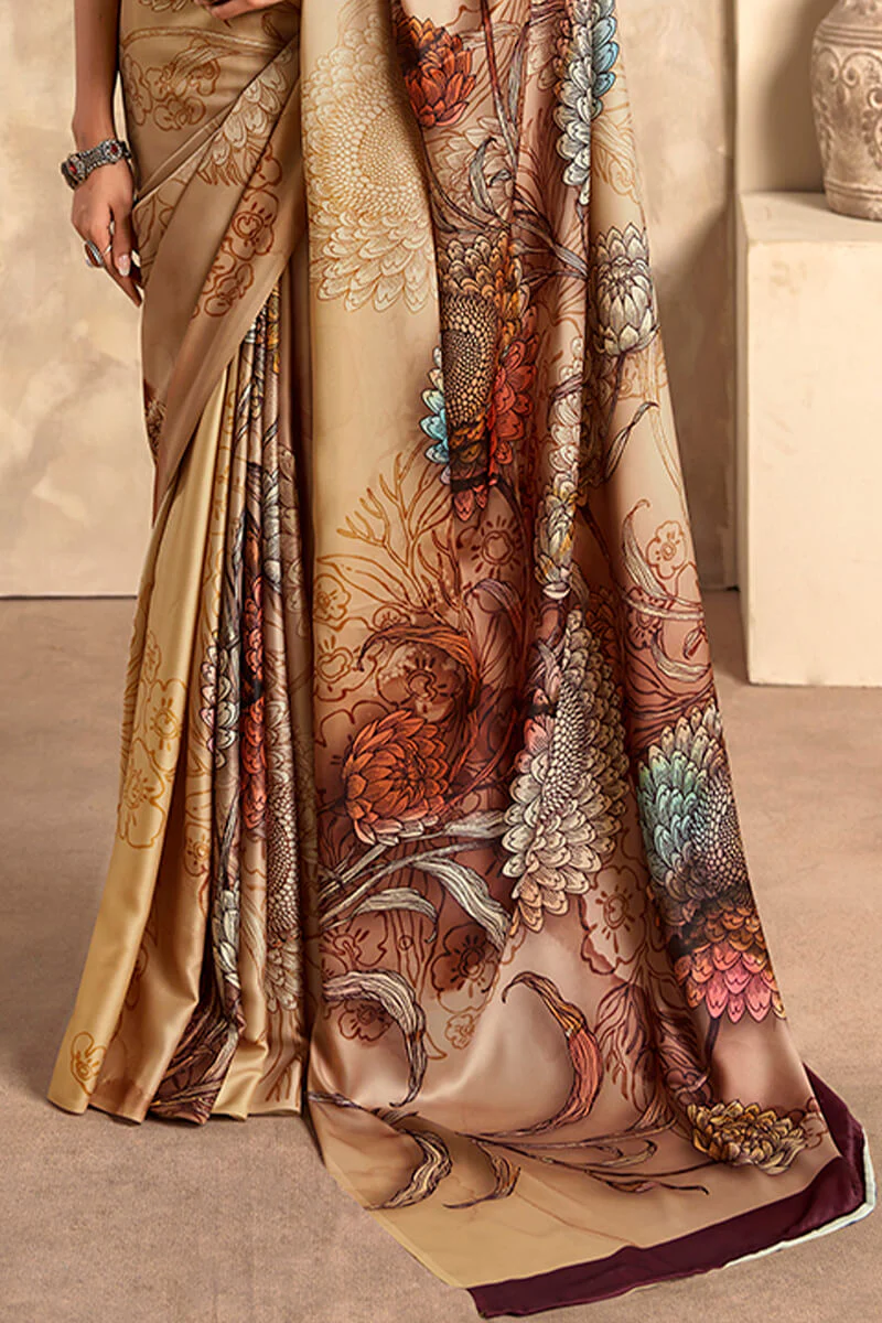Lagniappe Brown Digital Printed Soft Silk Saree With Desultory Blouse Piece - Image 3