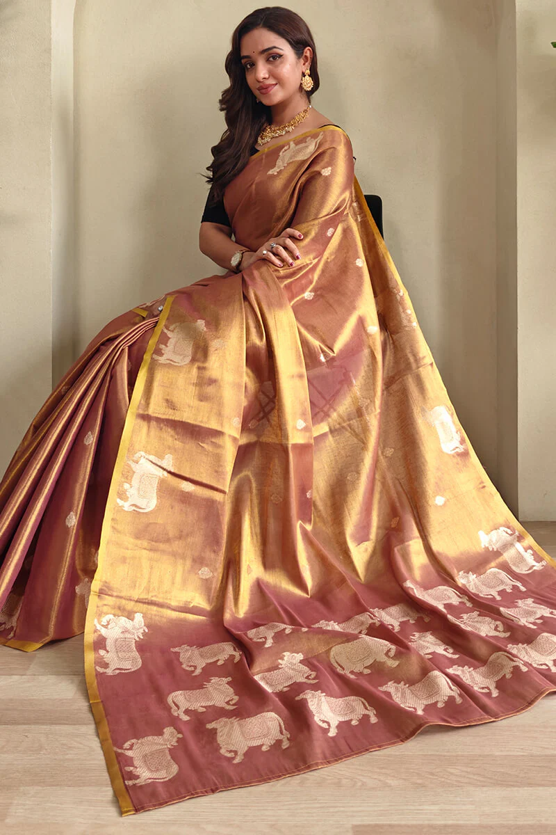 Lagniappe Brown Soft Banarasi Tissue Silk Saree With Dalliance Blouse Piece - Image 2