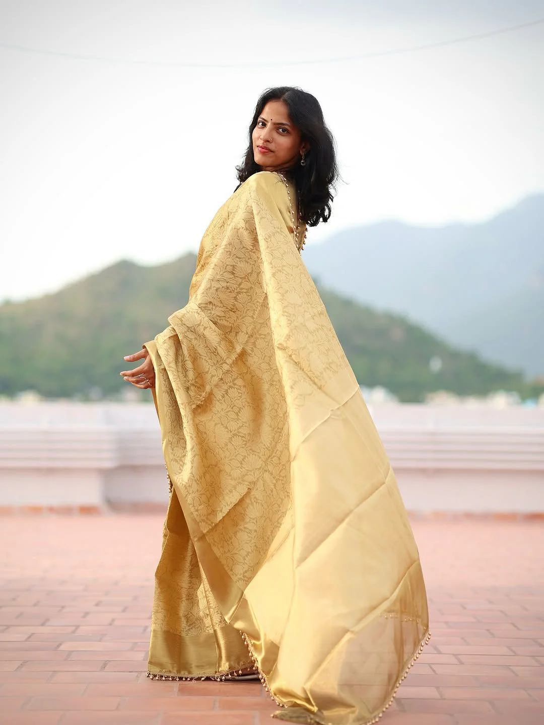 Lagniappe Golden Soft Tissue Silk Saree With Petrichor Blouse Piece - Image 5
