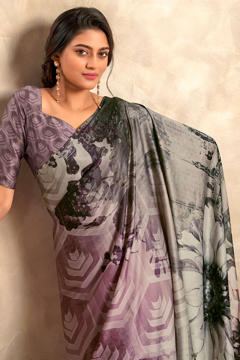 Lagniappe Grey Digital Printed Soft Silk Saree With Scintilla Blouse Piece - Image 2