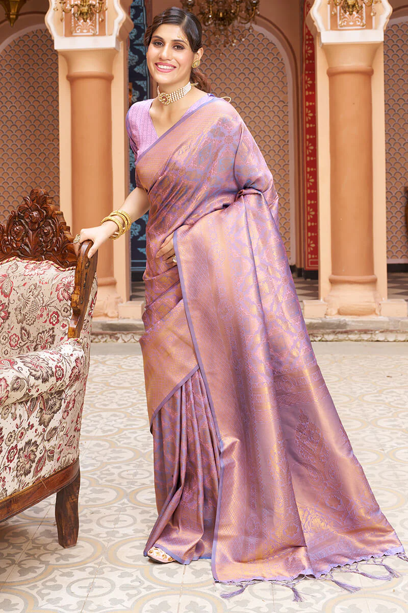 Lagniappe Lavender Kanjivaram Silk Saree With Incredible Blouse Piece - Image 3