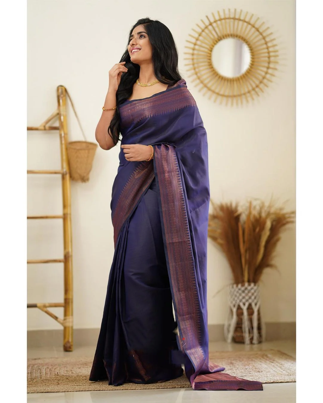 Lagniappe Navy Blue Soft Silk Saree With Devastating Blouse Piece - Image 3