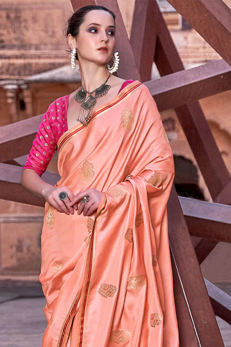 Lagniappe Peach Soft Banarasi Silk Saree With Lissome Blouse Piece - Image 2