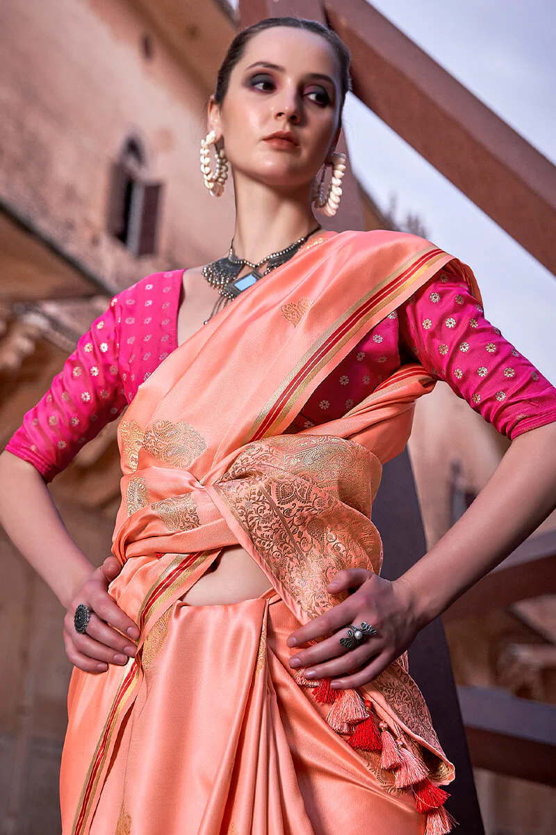 Lagniappe Peach Soft Banarasi Silk Saree With Lissome Blouse Piece - Image 3