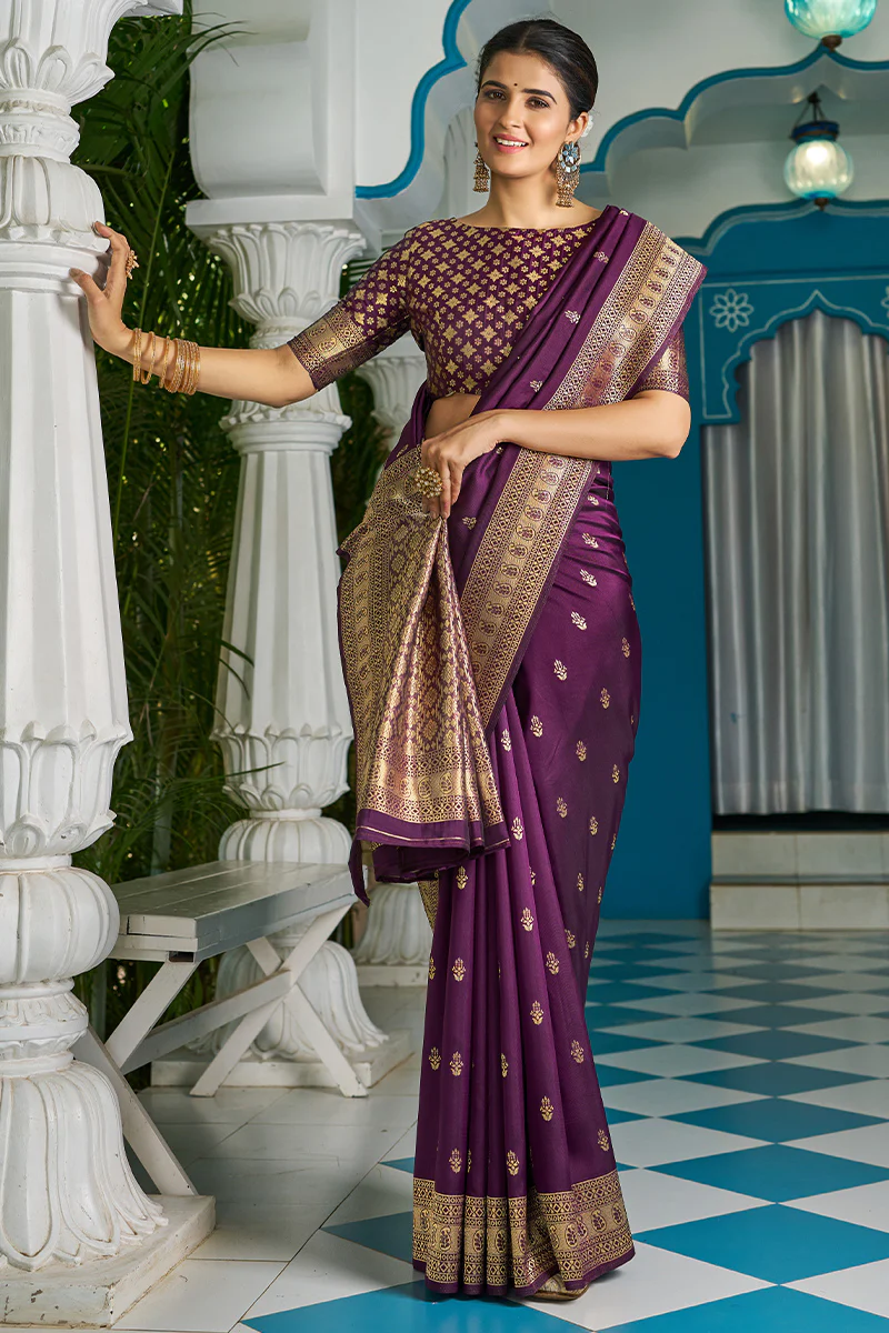 Lagniappe Purple Banarasi Silk Saree With Panoply Blouse Piece - Image 3