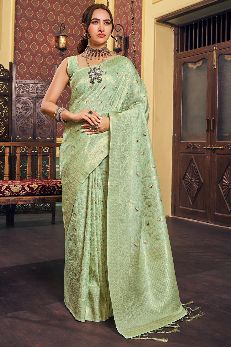 Lagniappe Sea Green Soft Banarasi Silk Saree With Comely Blouse Piece - Image 5