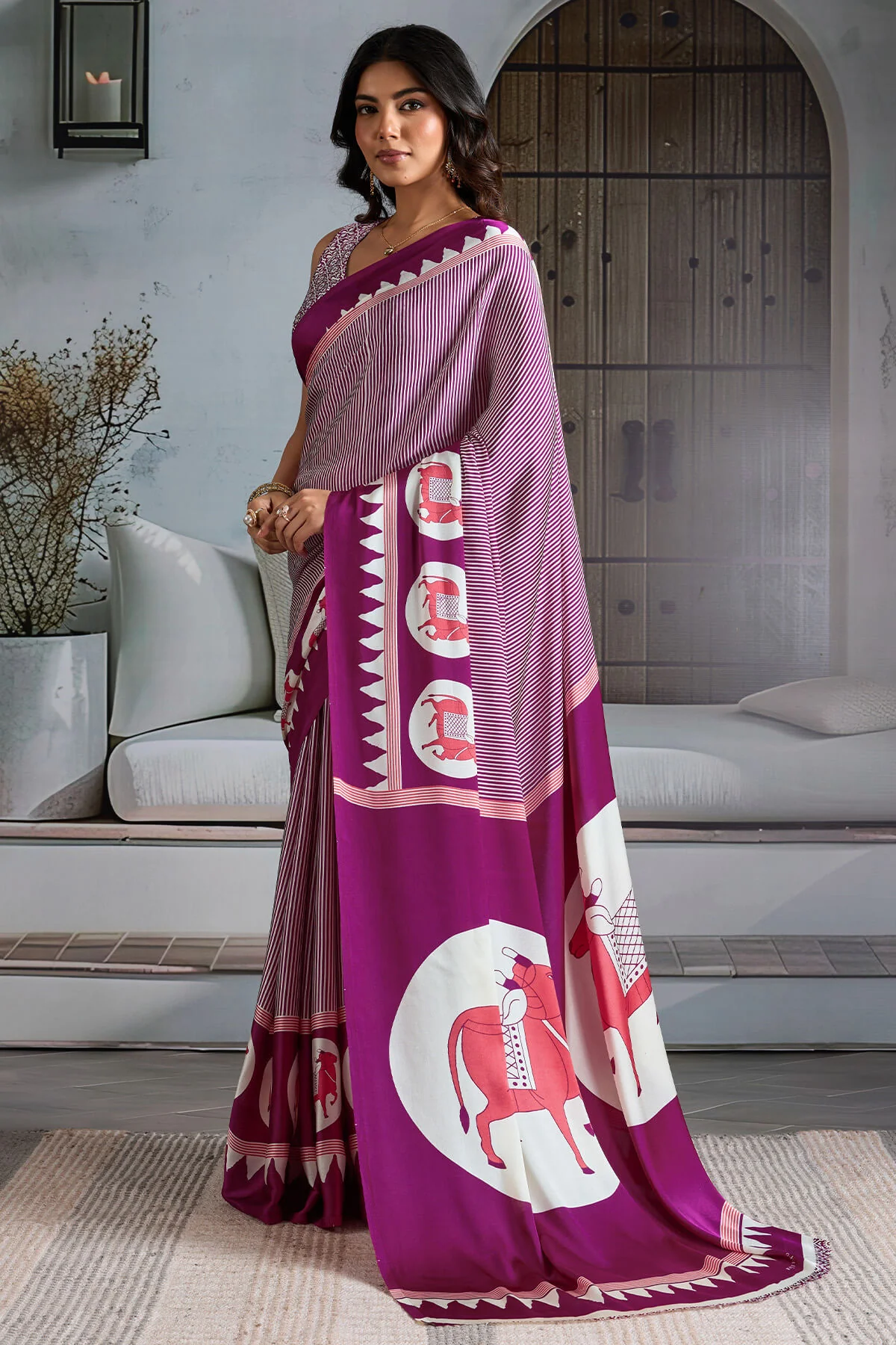 Lagniappe Wine Ajrakh Printed Satin Silk Saree With Diaphanous Blouse Piece - Image 3