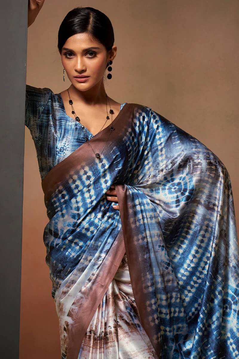 Lassitude Brown and Blue Digital Printed Satin Silk Saree With Efflorescence Blouse Piece - Image 3