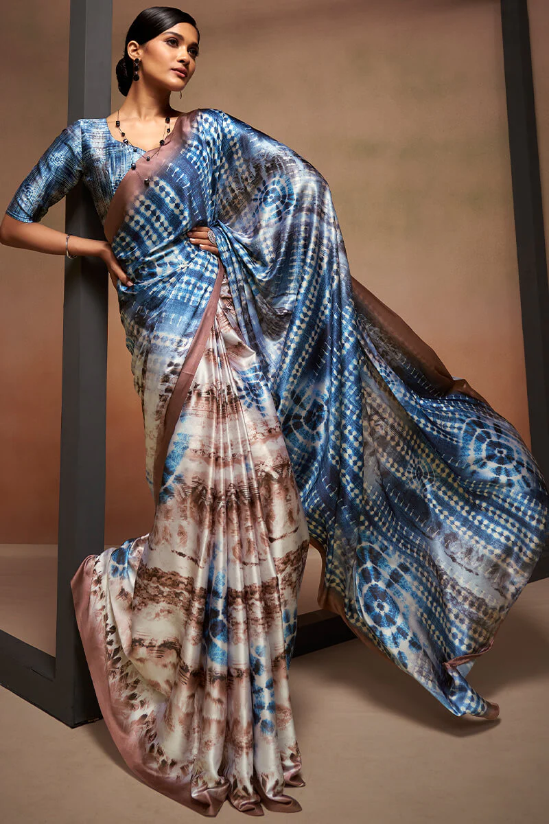 Lassitude Brown and Blue Digital Printed Satin Silk Saree With Efflorescence Blouse Piece - Image 4