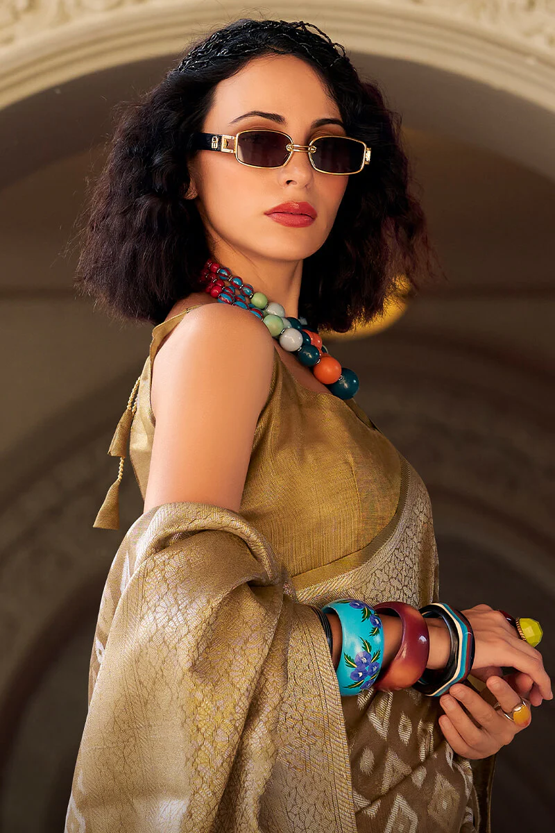 Lassitude Brown Soft Banarasi Tissue Silk Saree With Nectarous Blouse Piece - Image 4