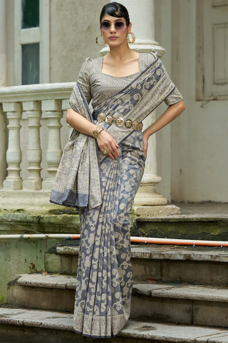 Lassitude Dark Grey Lucknowi Silk Saree With Seraglio Blouse Piece - Image 3