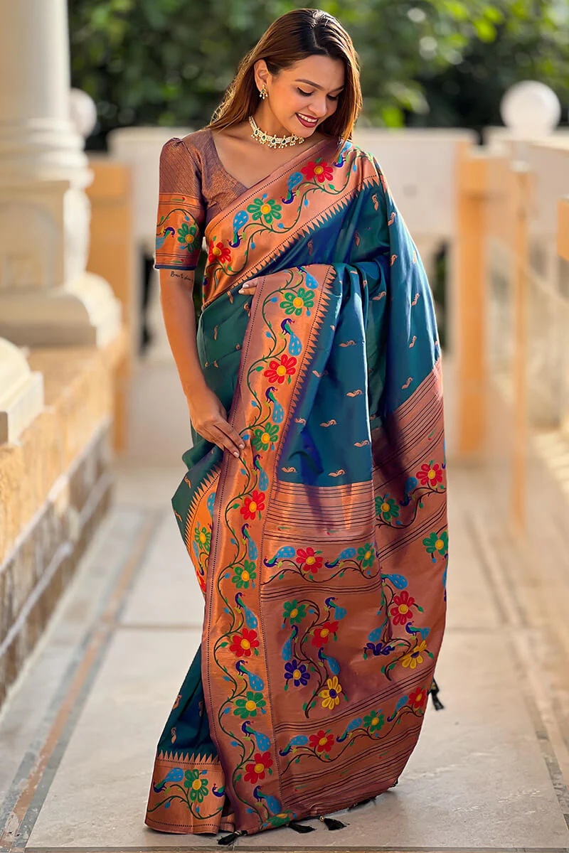 Lassitude Rama Paithani Silk Saree With Nemesis Blouse Piece - Image 3