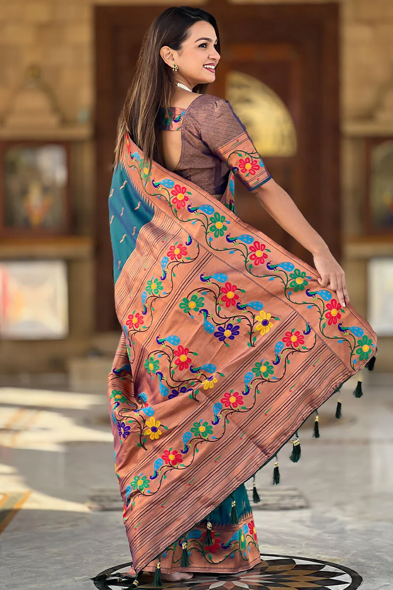Lassitude Rama Paithani Silk Saree With Nemesis Blouse Piece - Image 4