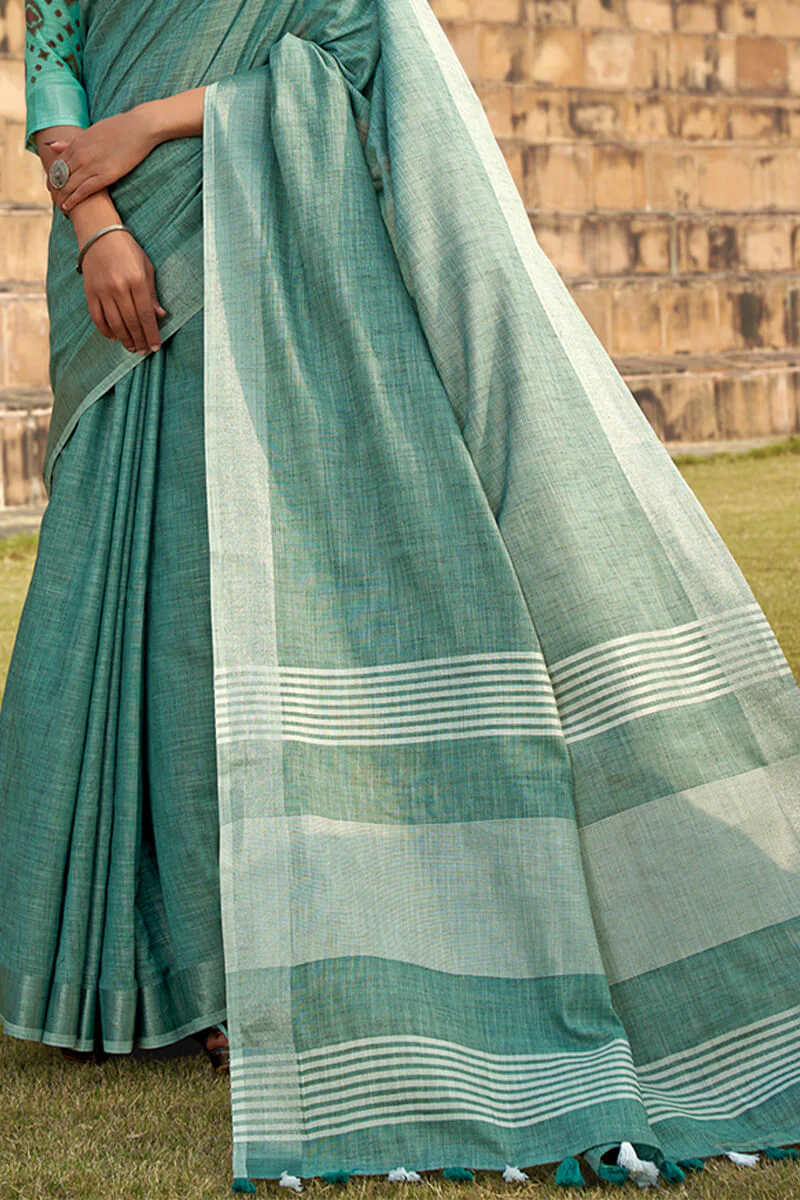 Lassitude Sea Green Cotton Silk Saree With Resplendent Blouse Piece - Image 3