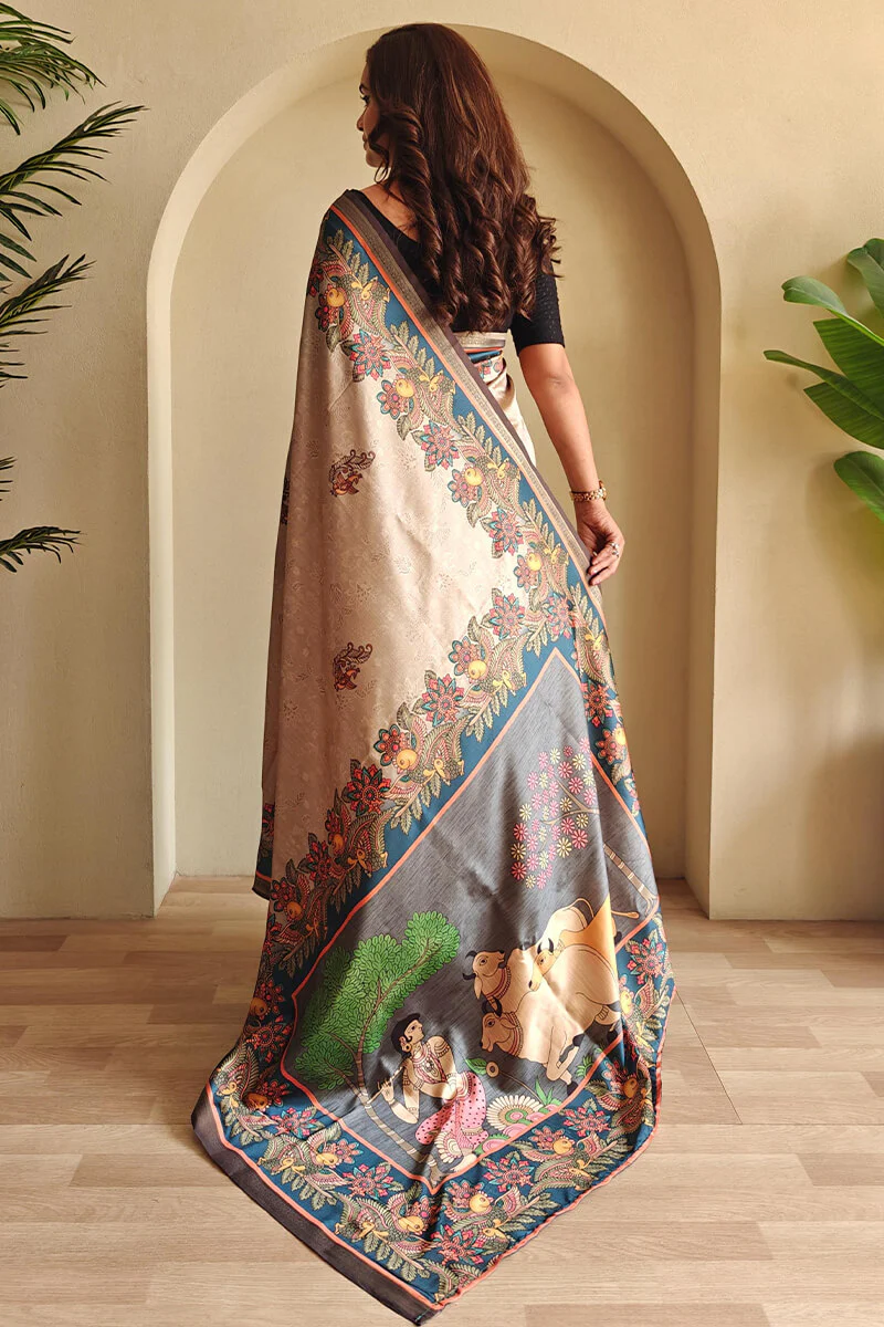 Lissome Dark Beige Soft Silk Kalamkari Printed Saree With Engrossing Blouse Piece - Image 4