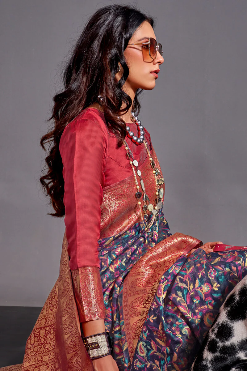 Lissome Navy Blue Pashmina saree With Incredible Blouse Piece - Image 2