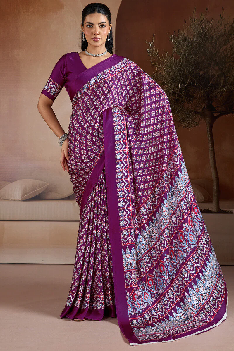 Lissome Purple Ajrakh Printed Satin Silk Saree With Desultory Blouse Piece