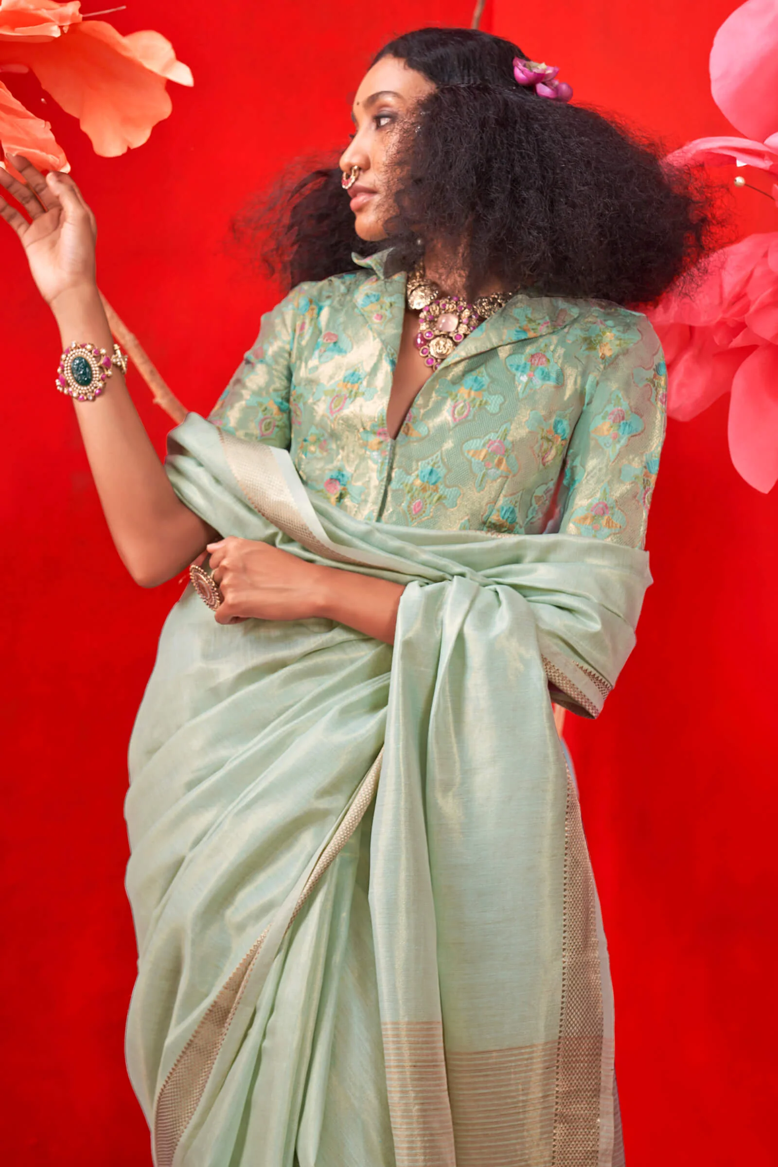 Lissome Sea Green Soft Banarasi Tissue Silk Saree With Beauteous Blouse Piece - Image 2