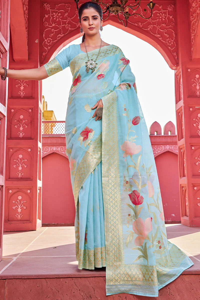 Lissome Sky Cotton Silk Saree With Serendipity Blouse Piece - Image 3