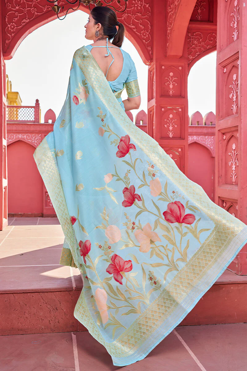 Lissome Sky Cotton Silk Saree With Serendipity Blouse Piece - Image 5