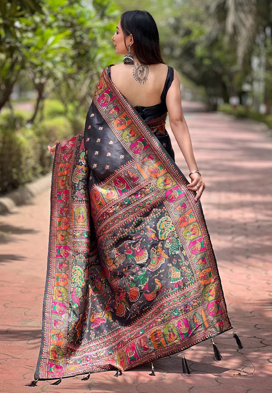Lovely Black Nylon Dola Pashmina Saree With Precious Blouse Piece - Image 4