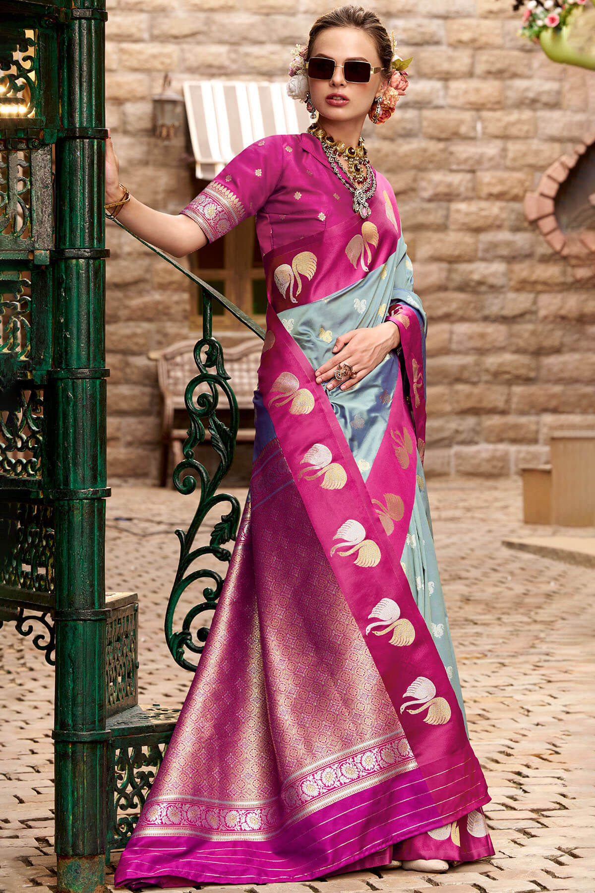 Lovely Grey Banarasi Satin Silk Saree With Mesmerising Blouse - Image 3