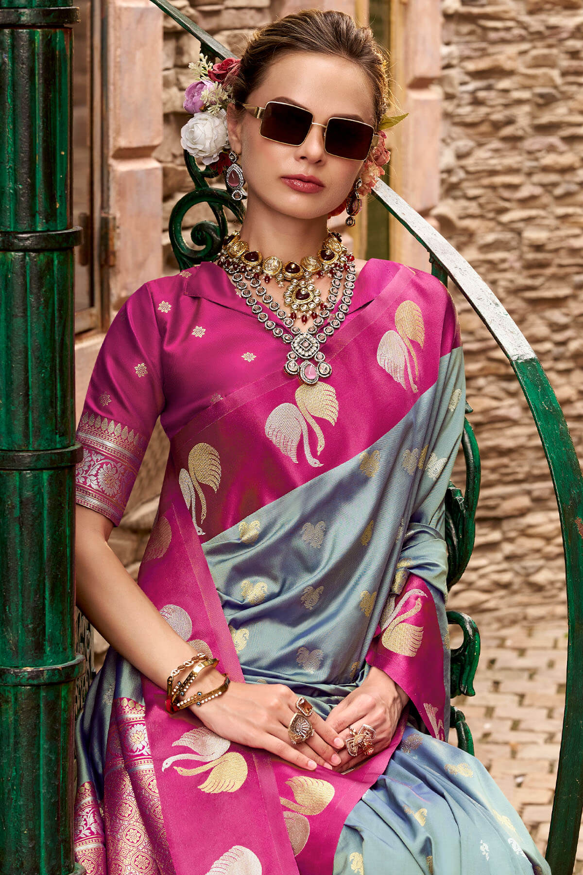 Lovely Grey Banarasi Satin Silk Saree With Mesmerising Blouse - Image 4