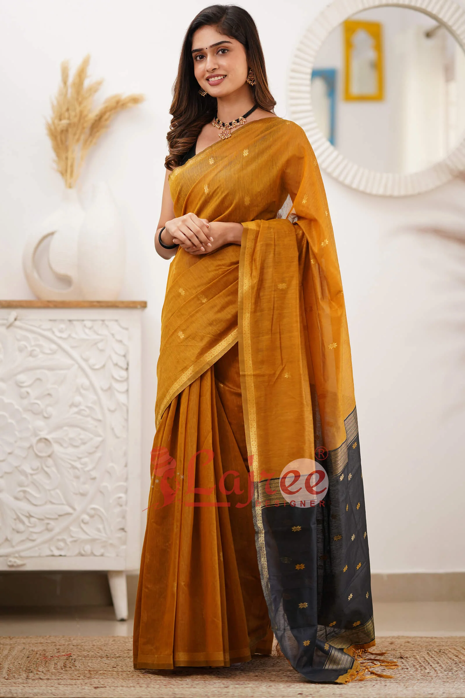 Lovely Mustard Cotton Silk Saree With Refreshing Blouse Piece
