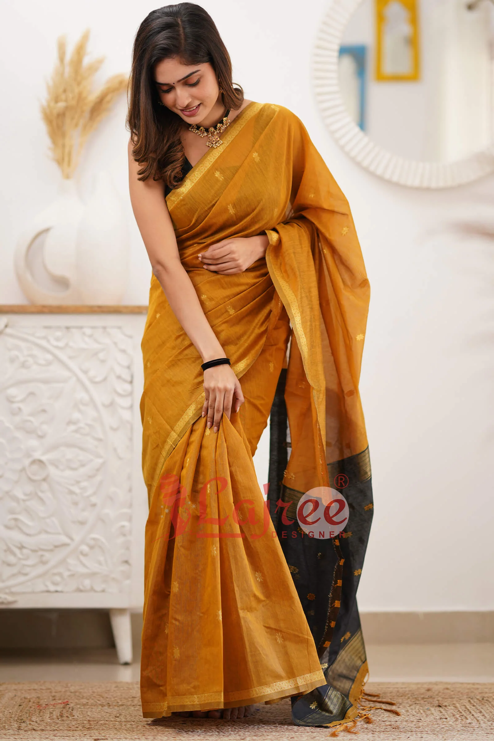 Lovely Mustard Cotton Silk Saree With Refreshing Blouse Piece - Image 7