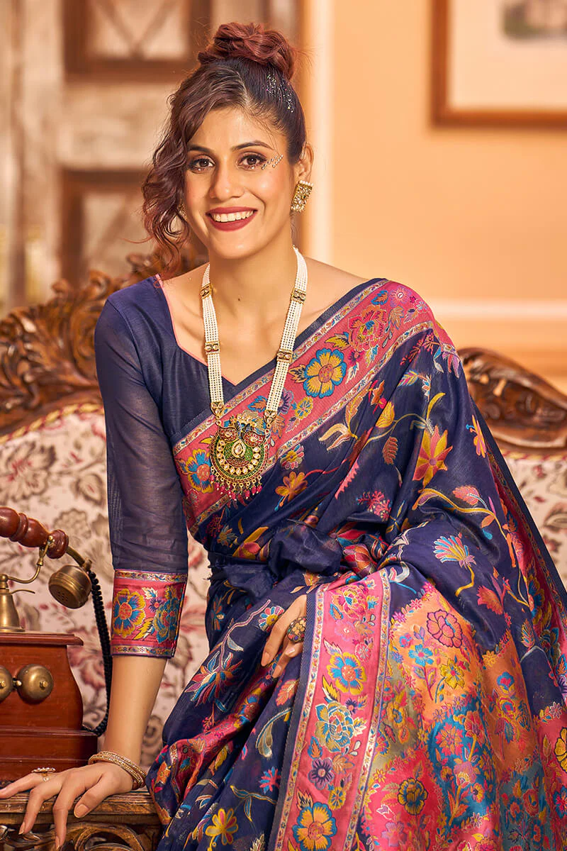 Lovely Navy Blue Linen Silk Saree With Engrossing Blouse Piece - Image 7