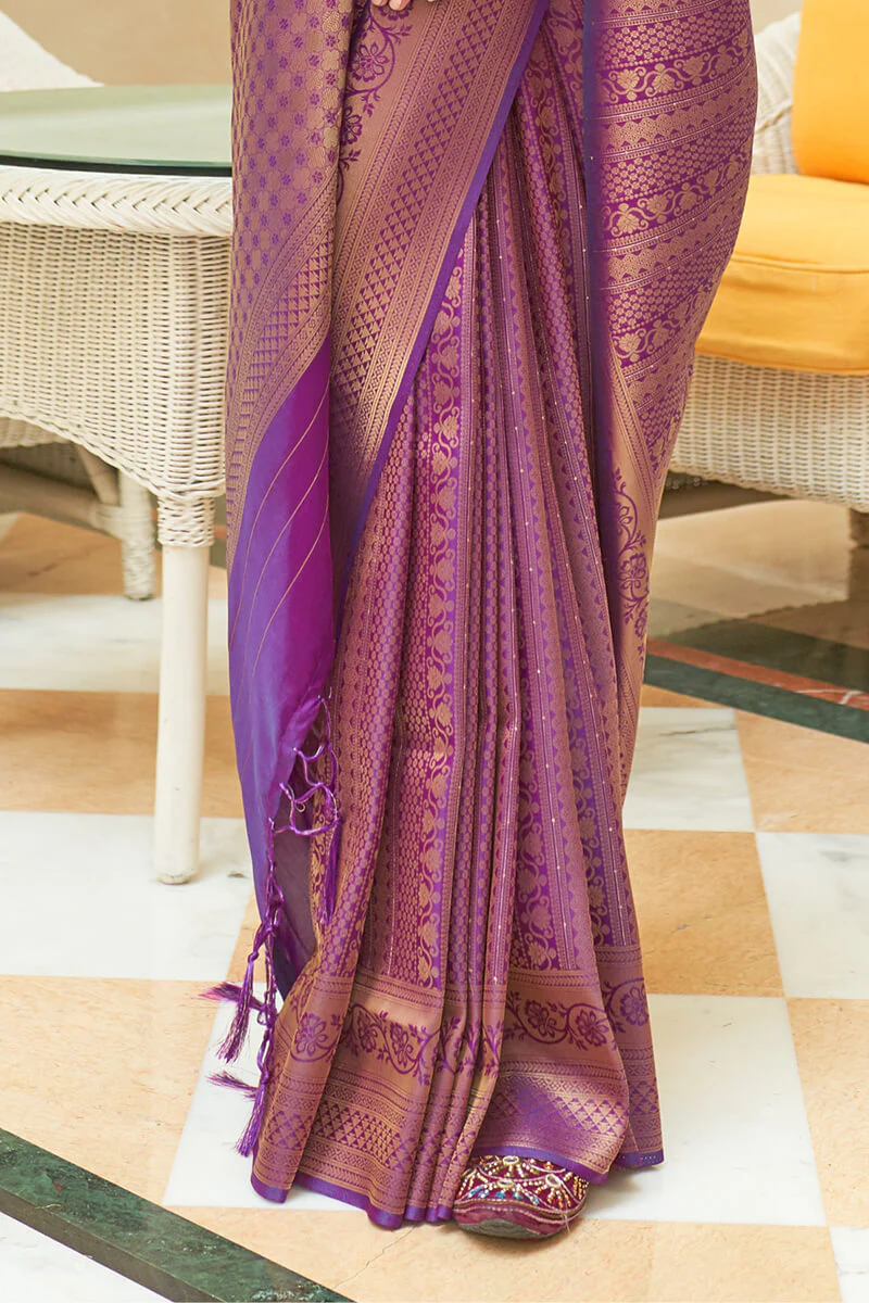 Lovely Purple Kanjivaram Silk Saree With Girlish Blouse Piece - Image 3