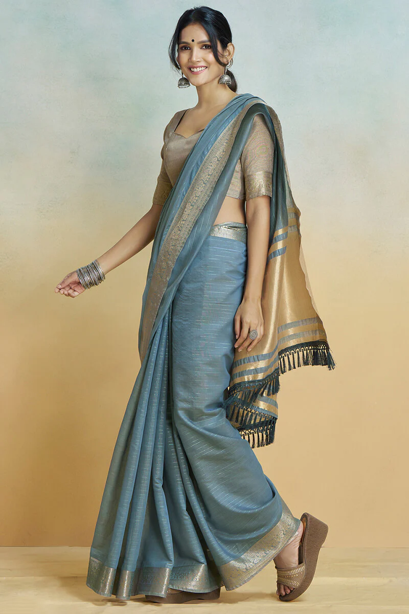 Luminous Dark Grey Cotton Silk Saree With Ailurophile Blouse Piece - Image 4
