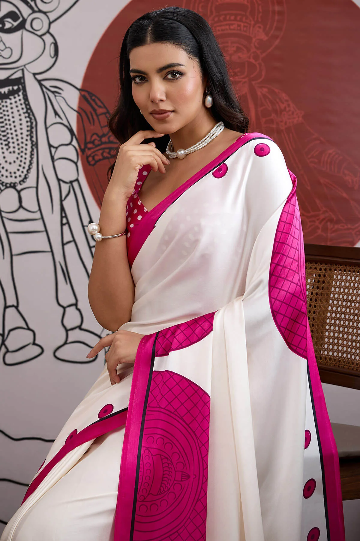 Luminous Off White and Pink Ajrakh Printed Satin Silk Saree With Phenomenal Blouse Piece - Image 2