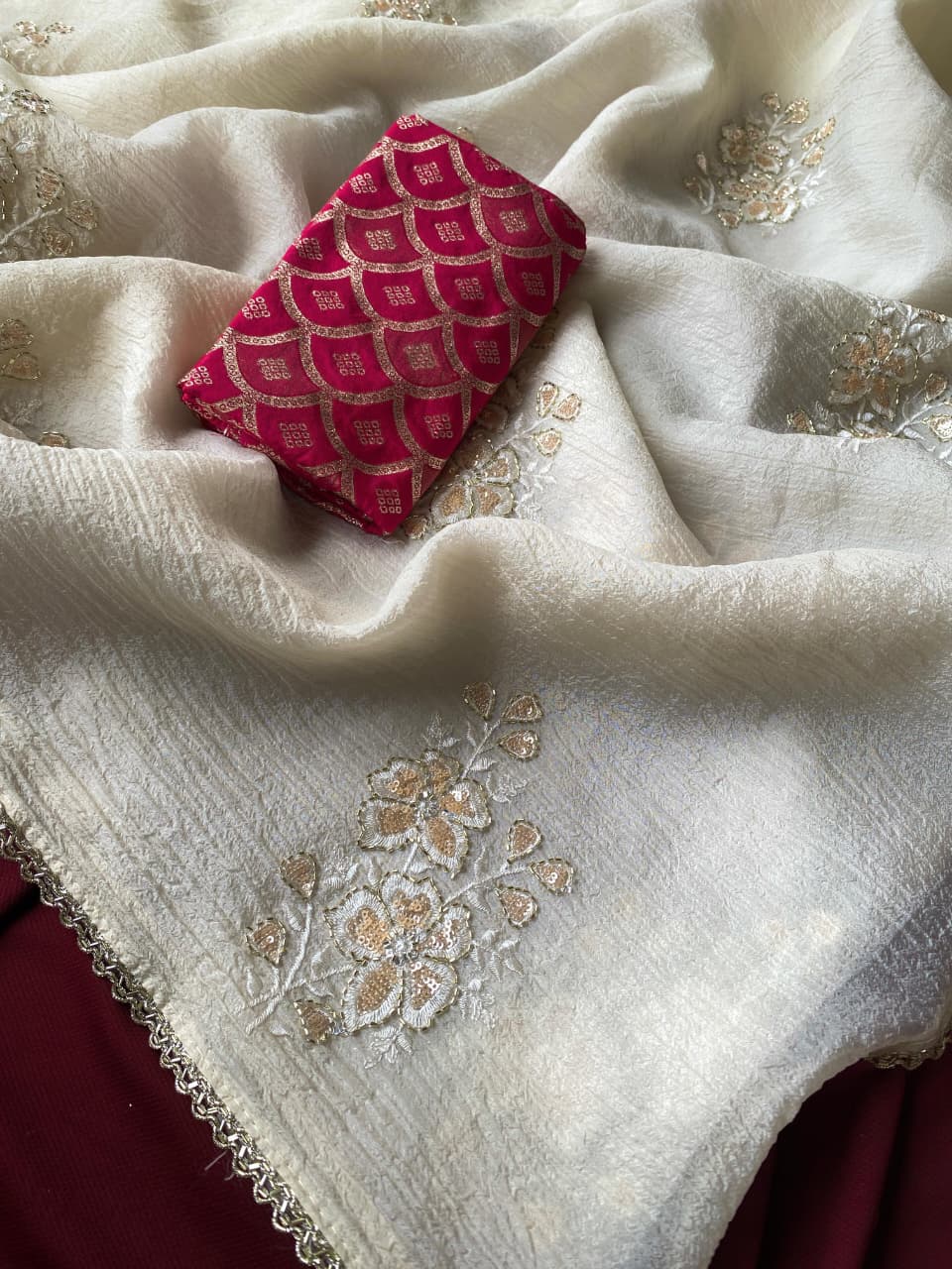 Luminous Off White Embroidery Work Crush Silk Saree With Splendorous Blouse Piece - Image 3