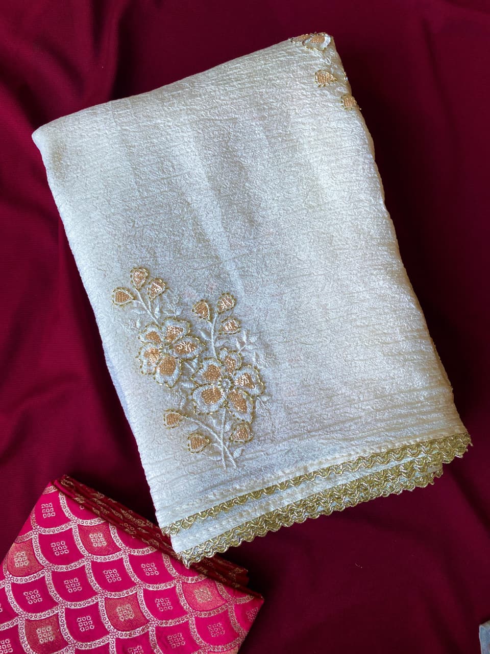 Luminous Off White Embroidery Work Crush Silk Saree With Splendorous Blouse Piece - Image 5
