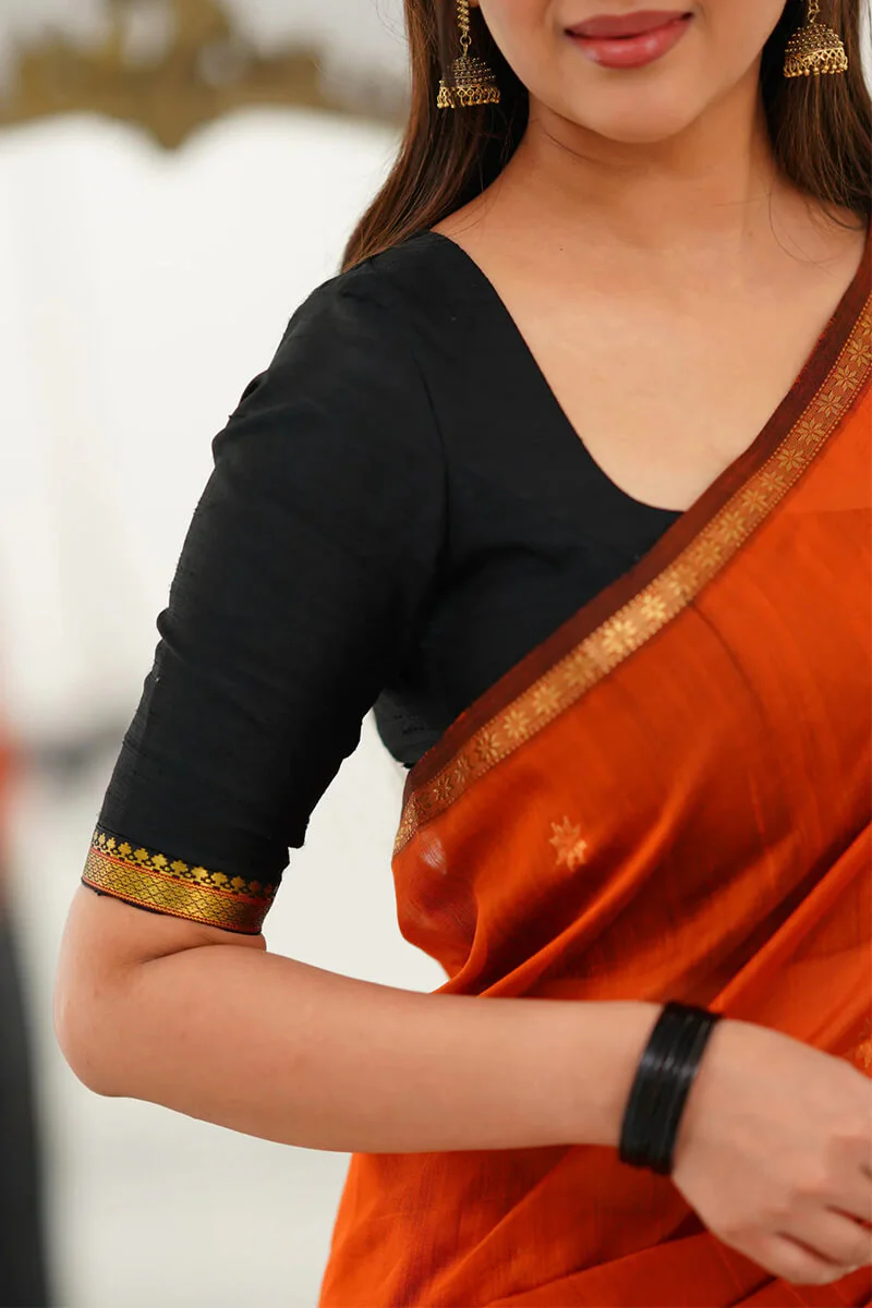 Luminous Orange Cotton Silk Saree With Scintillating Blouse Piece - Image 4