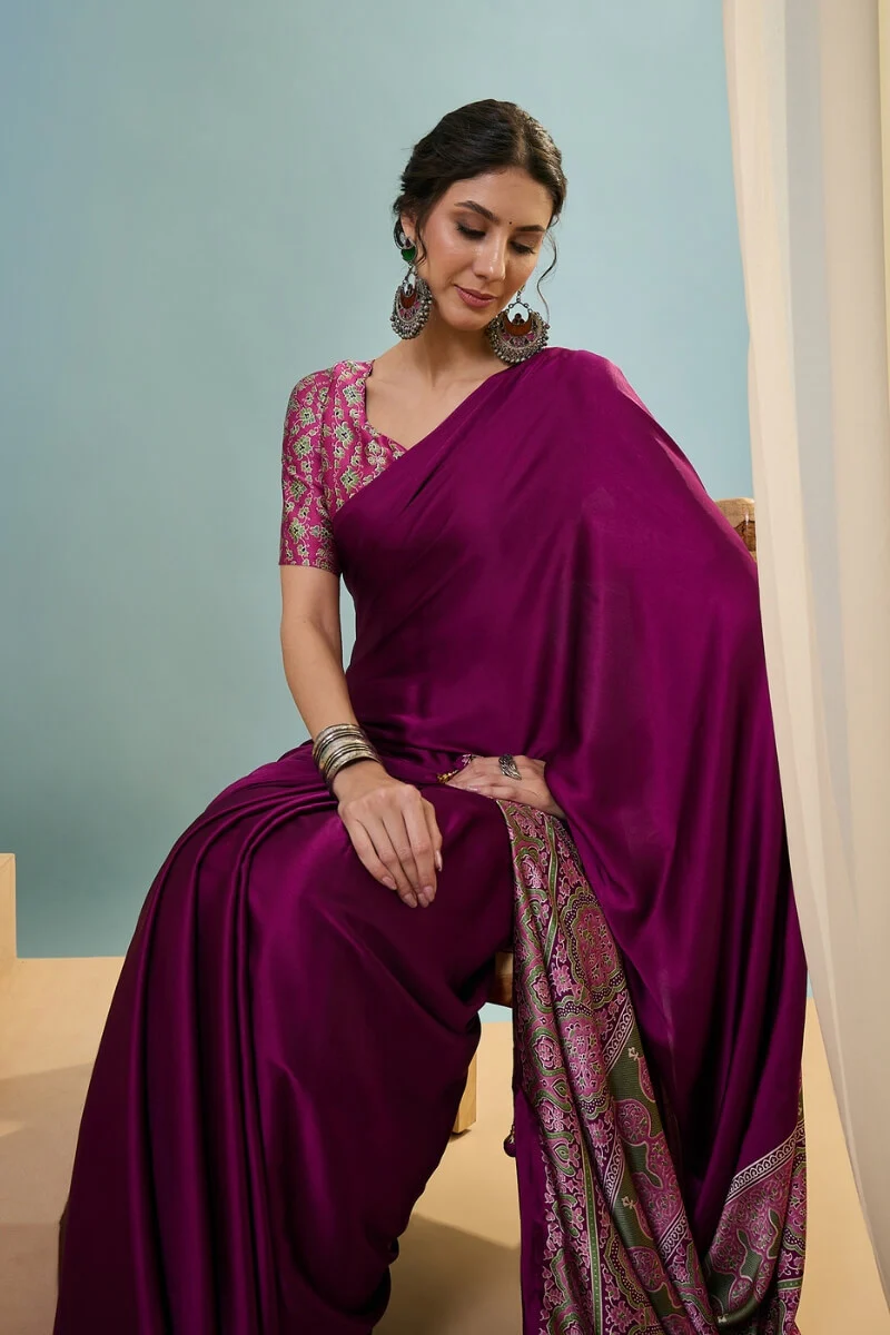 Luminous Purple Ajrakh Printed Semi Modal Silk Saree With Lustrous Blouse Piece - Image 2