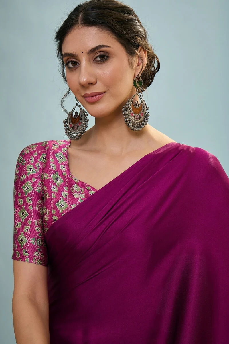 Luminous Purple Ajrakh Printed Semi Modal Silk Saree With Lustrous Blouse Piece - Image 4