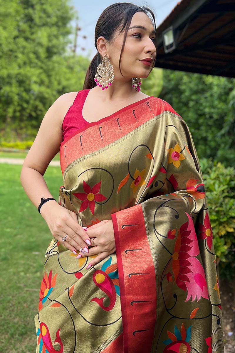 Lustrous Mehndi Paithani Silk Saree With Sizzling Blouse Piece - Image 2